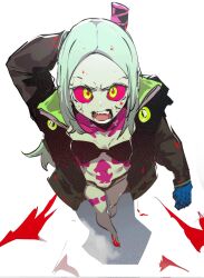 Rule 34 | angry, artificial eye, barefoot, black bra, black panties, blood, blood on face, bra, breasts, colored sclera, colored skin, cyberpunk (series), cyberpunk edgerunners, ddari, full body, gloves, green eyes, green hair, highres, holding, holding weapon, jacket, leg tattoo, long hair, long sleeves, looking at viewer, mechanical eye, neck tattoo, open clothes, open jacket, open mouth, panties, rebecca (cyberpunk), red sclera, small breasts, solo, source request, stomach tattoo, tattoo, teeth, underwear, weapon, weapon on back