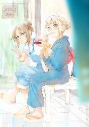 Rule 34 | 2girls, bench, blonde hair, blue eyes, blue kimono, blue overalls, blurry, blurry foreground, blush, brown hair, character request, copyright request, crossed legs, eating, food, hair bun, highres, holding, holding plate, japanese clothes, jojinta, kimono, looking at viewer, multiple girls, obi, overalls, plate, purple eyes, sandals, sash, scrunchie, shirt, short sleeves, sidelocks, single hair bun, sitting, toeless footwear, toes, v, white shirt, wrist scrunchie
