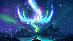 Rule 34 | absurdres, animal, backlighting, bird, colorful, dragon, glowing dragon, highres, howling, landscape, mountain, night, night sky, no humans, original, outdoors, petals, rykyart, scenery, sky, tagme, water, wide shot, wolf