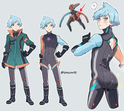 Rule 34 | 1boy, ?, arrow (symbol), back cutout, black footwear, black gloves, blue eyes, blue hair, blush, bodysuit, boots, closed mouth, clothing cutout, coat, commentary request, creatures (company), deoxys, deoxys (speed), game freak, gen 3 pokemon, glint, gloves, goro orb, green coat, grey background, grey bodysuit, hand on own hip, highres, male focus, multiple views, mythical pokemon, nintendo, official alternate costume, outline, pokemon, pokemon masters ex, short hair, smile, spoken question mark, sprite, standing, steven stone, steven stone (sygna suit), sweatdrop, zipper, zipper pull tab