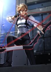 Rule 34 | 1boy, arrow (projectile), belt, black belt, black footwear, black gloves, black pants, blue eyes, bow (weapon), building, bungou stray dogs, chest harness, collared shirt, drawing bow, energy, foot out of frame, gloves, hair between eyes, harness, highres, holding, holding bow (weapon), holding weapon, light particles, looking to the side, low ponytail, male focus, medium hair, myagarin, nakahara chuuya, open collar, orange hair, pants, partially fingerless gloves, shirt, shoes, sleeves rolled up, smile, solo, stepping, weapon, white shirt