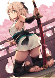 Rule 34 | 1girl, ahoge, arched back, armpit peek, ass, bare shoulders, barefoot, black thighhighs, blurry, blush, bow, breasts, cherry blossoms, depth of field, detached sleeves, dutch angle, fate (series), feet, foot focus, from behind, green hair, hair between eyes, hair bow, half updo, haoni, japanese clothes, katana, kimono, kneeling, koha-ace, leaning forward, light brown hair, looking back, medium breasts, obi, okita souji (fate), okita souji (koha-ace), petals, sash, short kimono, sideboob, smile, soles, solo, sword, thighhighs, toeless legwear, toes, v, weapon