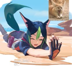 Rule 34 | 1boy, ;d, animal ear fluff, animal ears, asymmetrical sleeves, blunt ends, cape, commentary, desert, english commentary, fangs, fennec fox, fox boy, fox ears, fox tail, genshin impact, gloves, green eyes, green hair, highres, lu luu99, lying, male focus, multicolored hair, on stomach, one eye closed, open mouth, photo-referenced, pouch, reference inset, short hair, smile, streaked hair, stretching, tail, tighnari (genshin impact), unworn gloves, yawning