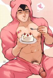 Rule 34 | 1boy, animal hood, artist name, bandaid, bandaid on chest, bara, bare pectorals, cake, closed mouth, commission, erection, facial hair, food, food on face, fork, holding, holding fork, holding plate, hood, hood up, large pectorals, looking at viewer, male focus, male pubic hair, muscular, muscular male, open clothes, open pajamas, original, pajamas, pectorals, penis, pink pajamas, plate, pubic hair, solo, zink (zink mchn)