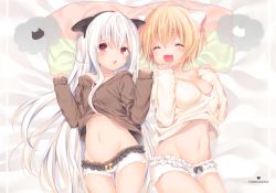Rule 34 | 2girls, :d, :o, ^ ^, ahoge, albino, ameko (komeshiro kasu), animal ears, artist name, bare shoulders, bed sheet, blush, border, bow, breasts, cat, cat ears, chestnut mouth, cleavage, closed eyes, clothes lift, collarbone, cowboy shot, fake animal ears, frilled shorts, frills, groin, hair between eyes, hairband, heart, kasako (komeshiro kasu), komeshiro kasu, large breasts, long hair, looking at viewer, lying, multiple girls, navel, off shoulder, on back, on bed, open mouth, original, paw pose, pillow, red eyes, shirt lift, short shorts, shorts, smile, stomach, sweater, thigh gap, underwear, very long hair, white hair, yellow bow
