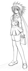 Rule 34 | 1girl, annet myer, arms behind back, bag, dark skin, el viento, full body, greyscale, hairband, looking at viewer, midriff, monochrome, navel, school uniform, sega, shoes, simple background, skirt, smile, spiked hair, standing, thighhighs, white background, zettai ryouiki