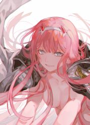 Rule 34 | 1girl, :d, blue eyes, breasts, cleavage, collarbone, darling in the franxx, floating hair, hair between eyes, hair over breasts, hairband, hatutaro, horns, long hair, medium breasts, open mouth, pink hair, smile, solo, upper body, very long hair, white hairband, zero two (darling in the franxx)