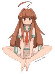Rule 34 | 10s, 1girl, :3, ahoge, bad id, bad pixiv id, barefoot, brown eyes, brown hair, butterfly sitting, coupon (skyth), fang, fish, full body, kantai collection, kuma (kancolle), long hair, looking at viewer, mouth hold, school uniform, serafuku, simple background, sitting, sketch, smile, solo, uniform, white background