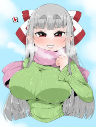 Rule 34 | 1girl, blunt bangs, blush, bow, breasts, fujiwara no mokou, green sweater, grey hair, hair bow, heart, highres, large breasts, lips, long hair, looking at viewer, pink scarf, scarf, sidelocks, smile, solo, sweater, takeu, touhou, turtleneck, upper body, very long hair