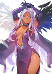 Rule 34 | 1girl, aa megami-sama, angel wings, blush, breasts, breasts apart, center opening, choker, collarbone, convenient censoring, dark-skinned female, dark skin, dress, earrings, elbow gloves, facial mark, feathered wings, forehead mark, gloves, jewelry, long dress, long hair, looking at viewer, medium breasts, navel, no bra, no panties, parted lips, plunging neckline, purple eyes, revealing clothes, side slit, sydus, thighs, urd (aa megami-sama), wings