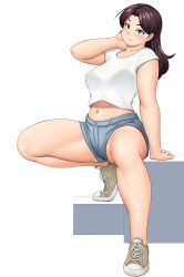 Rule 34 | 1girl, adjusting hair, arm support, bra visible through clothes, breasts, collarbone, commentary request, curvy, denim, denim shorts, full body, green eyes, hair behind ear, highres, lips, long hair, looking at viewer, medium breasts, midriff, nemui333, original, shirt, shoes, short shorts, shorts, simple background, smile, sneakers, solo, spread legs, squatting, sweat, t-shirt, thick thighs, thighs, white background, white shirt