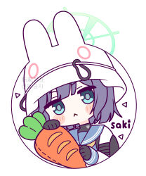 absurdres armband black_armband blue_archive carrot chibi doll green_eyes green_halo hair_between_eyes halo helmet highres holding holding_carrot holding_doll hyakucha looking_at_viewer medium_hair purple_hair saki_(blue_archive) school_uniform serafuku simple_background stuffed_toy white_background white_helmet