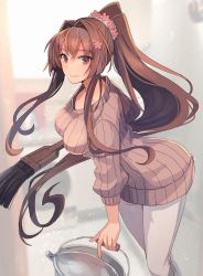 Rule 34 | 1girl, blurry, blurry background, breasts, brown eyes, brown hair, brown sweater, bucket, cleaning brush, closed mouth, flower, hair between eyes, hair flower, hair intakes, hair ornament, highres, holding, indoors, kantai collection, kasumi (skchkko), large breasts, long hair, looking at viewer, official alternate costume, pants, pink flower, ponytail, ribbed sweater, scrunchie, smile, solo, sweater, very long hair, white pants, yamato (kancolle)