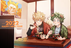 Rule 34 | 2022, all might, animal ears, animal hands, bakugou katsuki, blonde hair, blue shirt, blush, boku no hero academia, bowl, chopsticks, controller, eating, food, food in mouth, fox ears, fox tail, freckles, fruit, green eyes, green hair, grin, happy new year, highres, holding, holding bowl, holding chopsticks, in mouth, japanese clothes, kotatsu, looking ahead, looking at another, looking to the side, mandarin orange, marker, midoriya izuku, new year, noodles, poster (object), raccoon ears, raccoon tail, ramen, rapiko, red eyes, remote control, scar, scar on hand, shirt, smile, spiked hair, table, tail, teeth, television, tempura, tiger ears, tiger paws, watching television