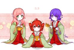 3girls :3 aged_down ahoge blush child closed_mouth double-parted_bangs drill_hair full_body green_eyes green_kimono hair_between_eyes hair_ornament hairclip holding holding_teapot japanese_clothes kasane_teto kimono long_hair momone_momo multiple_girls pants pink_background pink_hair purple_eyes purple_hair red_eyes red_hair red_pants roto_(roto_doko) seiza short_hair simple_background sitting smile standing teapot twin_drills utane_uta utau