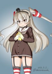 Rule 34 | 1girl, amatsukaze (kancolle), black panties, brown dress, brown eyes, child, commentary request, dated, dress, garter straps, gloves, gradient background, grey background, hair tubes, hat, kantai collection, masara (chuujou), mini hat, neckerchief, one-hour drawing challenge, panties, pantyshot, red thighhighs, sailor dress, short dress, silver hair, single glove, solo, striped clothes, striped thighhighs, thighhighs, twitter username, two side up, underwear, white gloves, yellow neckerchief