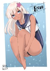 Rule 34 | 1girl, :3, bad id, bad twitter id, black necktie, black one-piece swimsuit, blue sailor collar, character name, crop top, fetal position, flower, full body, hair flower, hair ornament, kantai collection, kumashiro (9mashi6), leg up, looking to the side, necktie, one-piece swimsuit, one-piece tan, ro-500 (kancolle), sailor collar, school swimsuit, solo, swimsuit, swimsuit under clothes, tan, tanline, underwater