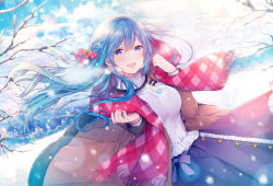 Rule 34 | 1girl, :d, azu torako, blue eyes, blue hair, bow, braid, branch, breasts, brown coat, coat, commentary request, day, emori miku, floating hair, frilled skirt, frills, fringe trim, hair between eyes, hair bow, hands up, liver city, long hair, looking at viewer, medium breasts, official art, open clothes, open coat, open mouth, outdoors, pink scarf, plaid, plaid bow, plaid scarf, pleated skirt, purple skirt, red bow, scarf, shirt, skirt, smile, snow, solo, turtleneck, very long hair, white shirt