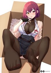 Rule 34 | 1girl, black footwear, black skirt, bob cut, bodystocking, box, breasts, cleavage, collared shirt, commentary request, earrings, feet, fingerless gloves, foot focus, foreshortening, gloves, heart, heart necklace, heterochromia, high-waist skirt, highres, hololive, houshou marine, houshou marine (businesswoman), id card, in box, in container, jewelry, lanyard, large breasts, lying, miniskirt, nail polish, necklace, no shoes, official alternate costume, official alternate hair length, official alternate hairstyle, on back, packing peanuts, pantyhose, partially unbuttoned, patreon logo, patreon username, pelvic curtain, red eyes, red hair, red nails, see-through, see-through cleavage, see-through legwear, shirt, short hair, signature, skirt, sleeveless, sleeveless shirt, solo, toenail polish, toenails, toes, triangle earrings, twitter username, virtual youtuber, white shirt, wimmy, yellow eyes