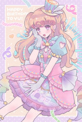 Rule 34 | 1girl, :d, blonde hair, blush, border, clock, clothing cutout, dress, feet out of frame, frilled dress, frills, gloves, hand on own cheek, hand on own face, hand up, happy birthday, hat, heart cutout, highres, hoshikuzu (pinkholic), idol time pripara, long hair, looking at viewer, open mouth, pink dress, polka dot, polka dot background, pretty series, print dress, pripara, puffy short sleeves, puffy sleeves, purple border, purple eyes, ringlets, short sleeves, smile, solo, standing, star (symbol), top hat, two side up, white gloves, yellow background, yumekawa yui