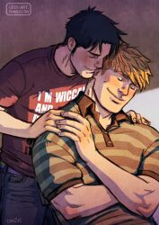 Rule 34 | 2boys, bad id, bad tumblr id, bara, black hair, blonde hair, blush, casual, clothes writing, collared shirt, couple, cris art, denim, heads together, hulkling, jeans, long sideburns, male focus, marvel, multiple boys, pants, red shirt, shirt, short hair, sideburns, smile, upper body, wiccan, yaoi