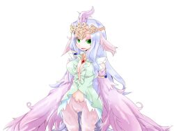 Rule 34 | 1girl, animal ears, armlet, bird ears, bird legs, bird tail, bmp-to-png conversion, breasts, cleavage, crown, dress, eyeshadow, feathered wings, feathers, green dress, green eyes, half-closed eyes, harpy, large breasts, long hair, looking at viewer, lucretia (mon-musu quest!), makeup, mon-musu quest!, monster girl, non-web source, pink eyeshadow, pink feathers, pink wings, purple feathers, purple hair, single hair tube, solo, tail, transparent background, very long hair, winged arms, wings