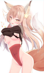 Rule 34 | 1girl, absurdres, animal ear fluff, animal ears, annytf, bandaid, bandaids on nipples, black sweater, blush, breasts, brown eyes, brown hair, clothes lift, commission, covered navel, cropped sweater, crossed arms, fox ears, fox girl, fox tail, gluteal fold, groin, hair ornament, highleg, highleg leotard, highres, indie virtual youtuber, izuno (izunoyoshiki), leotard, leotard under clothes, lifting own clothes, long hair, looking at viewer, open mouth, pasties, red leotard, side ponytail, skeb commission, solo, star (symbol), star hair ornament, sweater, sweater lift, tail, thighs, undressing, virtual youtuber