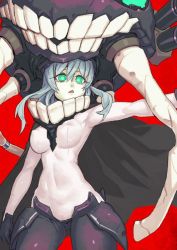Rule 34 | 1girl, abyssal ship, black gloves, black pantyhose, breasts, commentary request, cowboy shot, gloves, glowing, glowing eyes, gluteal fold, green eyes, hair between eyes, kantai collection, long hair, long sleeves, looking at viewer, medium breasts, pantyhose, parted lips, red background, shirt, silver hair, simple background, solo, standing, teeth, triangle mouth, white shirt, wo-class aircraft carrier, yuuji (and)