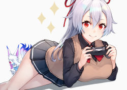 Rule 34 | 1girl, black skirt, breasts, brown vest, commentary request, controller, fate/grand order, fate (series), fou (fate), game controller, hair ribbon, kyoeiki, large breasts, long hair, looking at viewer, lying, on stomach, playstation controller, pleated skirt, ponytail, red eyes, red ribbon, ribbon, silver hair, skirt, smile, solo, sweater vest, tomoe gozen (fate), vest