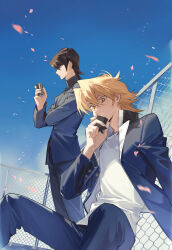 Rule 34 | 2boys, blonde hair, blue sky, brown hair, chain-link fence, cloud, commentary request, domino high school uniform, eating, falling petals, fence, food, from side, highres, holding, holding food, inkerpape, jacket, jounouchi katsuya, kaiba seto, looking at object, looking at viewer, male focus, multiple boys, on rooftop, onigiri, open clothes, open jacket, petals, school uniform, shirt, short hair, sitting, sky, standing, white shirt, yellow eyes, yu-gi-oh!, yu-gi-oh! duel monsters