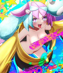 Rule 34 | 1girl, absurdres, aqua hair, black jacket, blush, bow-shaped hair, breasts, censored, censored nipples, character hair ornament, cleavage, collarbone, creatures (company), game freak, hair ornament, highres, iono (pokemon), jacket, large breasts, leaning forward, looking at viewer, multicolored clothes, multicolored hair, multicolored jacket, navel, nintendo, nude, oishi kuwagata, open mouth, oversized clothes, pink hair, pokemon, pokemon sv, purple eyes, saliva, sharp teeth, sleeves past fingers, sleeves past wrists, smile, solo, split-color hair, star (symbol), star in eye, symbol in eye, teeth, thighs, tongue, tongue out, two-tone hair, two-tone jacket, v-shaped eyebrows, very long sleeves, yellow jacket