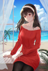 Rule 34 | 1girl, bare shoulders, beach, black hair, black pantyhose, blue sky, boat, closed mouth, cloud, collarbone, curtains, day, dress, earrings, expressionless, gold earrings, hairband, highres, jewelry, lighthouse, lips, long hair, longyu (17767756), looking at viewer, nail polish, ocean, off-shoulder sweater, off shoulder, open window, palm tree, pantyhose, pink nails, red eyes, red sweater, sand, sitting, sky, solo, spy x family, sweater, sweater dress, tree, watercraft, white hairband, window, yor briar