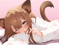 Rule 34 | 1girl, absurdres, animal ears, arm pillow, blush, brown hair, cat ears, cat girl, cat tail, chestnut mouth, commentary request, finger heart, fingernails, haiba 09, hair over eyes, hair strand, highres, long hair, long sleeves, looking at viewer, lying, nekoseki rion (haiba 09), on side, one eye closed, original, outstretched arm, paid reward available, pajamas, pink background, polka dot, polka dot pajamas, solo, tail, upper body, yellow eyes