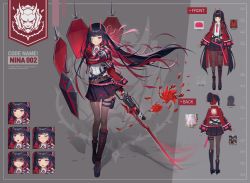 Rule 34 | 1girl, absurdres, angry, arms at sides, asymmetrical footwear, black hair, black skirt, boots, character sheet, colored inner hair, cropped jacket, de nim, english text, expressions, flat color, flower, from behind, full body, grey background, highres, holding, holding sword, holding weapon, horns, jacket, long hair, looking at viewer, multicolored hair, multiple views, one eye closed, open clothes, open jacket, original, pantyhose, pouch, red hair, red jacket, rose, sad, shaded face, shirt, skirt, smile, surprised, sword, thigh pouch, two-tone hair, uneven footwear, very long hair, weapon, white shirt
