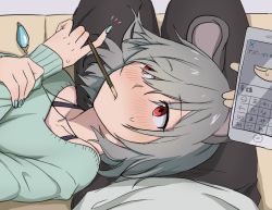 Rule 34 | 1girl, alternate costume, animal ears, bad id, bad pixiv id, blush, cellphone, food, from above, grey hair, jewelry, lap pillow, legs, long sleeves, looking to the side, lying, mouse ears, mouth hold, nail polish, nazrin, necklace, on back, out of frame, phone, pocky, pocky day, pov, red eyes, short hair, solo focus, sweatdrop, sweater, touhou, toujou (toujou ramen), upper body