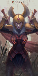 Rule 34 | 1girl, armor, brown eyes, cape, closed mouth, dota (series), dota 2, dual wielding, gauntlets, grey sky, helmet, highres, holding, holding sword, holding weapon, ja1990, legion commander (dota), lips, lipstick, looking at viewer, makeup, outdoors, pauldrons, red cape, shoulder armor, sky, smile, solo, sword, weapon