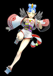 Rule 34 | 1girl, absurdres, amanozako (megami tensei), bell, black background, blue hair, collarbone, facial mark, full body, geta, highres, jingle bell, leg up, long sleeves, looking at viewer, mak neutral, mini wings, open mouth, outline, pointy ears, sash, shin megami tensei, short hair, simple background, solo, tengu-geta, v-shaped eyebrows, white outline, wide sleeves, wings, yellow eyes, yellow pupils