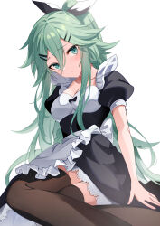 Rule 34 | 1girl, alternate costume, apron, black dress, black ribbon, black thighhighs, blush, braid, breasts, closed mouth, collarbone, dress, enmaided, fathom, frilled apron, frilled dress, frills, green eyes, green hair, hair ribbon, highres, kantai collection, long hair, looking at viewer, maid, maid apron, medium breasts, ponytail, puffy short sleeves, puffy sleeves, ribbon, short sleeves, simple background, solo, thighhighs, twin braids, waist apron, white apron, white background, yamakaze (kancolle)