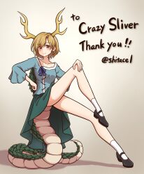 Rule 34 | 1girl, antlers, artist name, black footwear, blonde hair, blue bow, blue bowtie, blue shirt, bow, bowtie, commission, dragon girl, dragon horns, dragon tail, english text, full body, green scales, green skirt, highres, horns, kicchou yachie, long sleeves, looking at viewer, red eyes, scales, shirt, shitacemayo, short hair, skeb commission, skirt, socks, tail, touhou, turtle shell, twitter username, white socks, wide sleeves