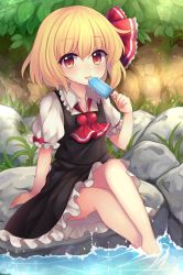 Rule 34 | 1girl, :q, ahoge, ascot, black dress, blonde hair, blush, bow, commentary request, day, dot nose, dress, eyelashes, fingernails, flat chest, food, frilled dress, frilled shirt collar, frills, grass, highres, licking, long sleeves, looking at viewer, outdoors, popsicle, puffy short sleeves, puffy sleeves, red ascot, red bow, red eyes, red ribbon, ribbon, rock, ruhika, rumia, shirt, short hair, short sleeves, sitting, sitting on rock, solo, thighs, tongue, tongue out, touhou, upper body, water, white shirt