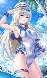 1girl :d absurdres arm_up armpits ball bare_shoulders beachball blue_choker blue_eyes bnari breasts choker covered_navel earrings eyewear_on_head hair_ornament hairclip hat highleg highleg_one-piece_swimsuit highres holding jewelry large_breasts long_hair looking_at_viewer neckerchief one-piece_swimsuit open_mouth original outdoors sailor_collar sailor_hat salute smile solo standing sunglasses swimsuit thigh_strap thighs very_long_hair wading water wet white_hair white_hat white_one-piece_swimsuit wrist_cuffs x_hair_ornament