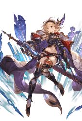Rule 34 | 1girl, armor, belt, blonde hair, blue gemstone, blush, breastplate, breasts, brown eyes, cleavage, cleavage cutout, cloak, clothing cutout, conqueror of the eternals, djeeta (granblue fantasy), djeeta (granblue fantasy) (conqueror of the eternals), earrings, elbow gloves, floating hair, full body, gauntlets, gem, gloves, glowing, granblue fantasy, greatsword, greaves, groin, hair ornament, head tilt, high heels, jewelry, leg up, looking at viewer, medium breasts, minaba hideo, multiple belts, navel, official art, red shorts, running, sheath, short hair, short shorts, shorts, shoulder armor, solo, stomach, sword, transparent background, weapon, white cloak, wind, wind lift