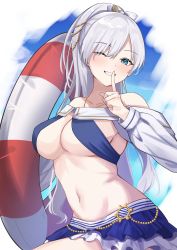 Rule 34 | 1girl, anastasia (fate), anastasia (swimsuit archer) (fate), anastasia (swimsuit archer) (third ascension) (fate), asashin (asn), bikini, bikini skirt, blue bikini, blue eyes, blue skirt, blush, breasts, cleavage, collarbone, commentary, fate/grand order, fate (series), finger to mouth, frilled skirt, frills, grin, highres, holding, holding swim ring, index finger raised, innertube, jewelry, large breasts, long hair, long sleeves, looking at viewer, miniskirt, navel, necklace, off shoulder, one eye closed, ponytail, shushing, silver hair, skirt, smile, solo, swim ring, swimsuit, teeth, white sleeves