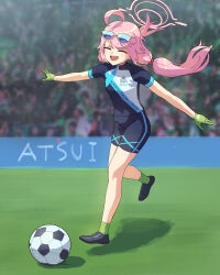 1girl :d absurdres ahoge alternate_costume ball black_footwear black_shirt black_shorts blue-tinted_eyewear blue_archive blurry closed_eyes depth_of_field eyewear_on_head floating_hair gloves green_gloves green_socks halo highres hoshino_(blue_archive) huge_ahoge ksksksa leg_up long_hair low_twintails multicolored_shirt open_mouth outstretched_arms pink_hair pink_halo running shirt short_sleeves shorts smile soccer soccer_ball soccer_uniform socks solo_focus sportswear stadium teeth tinted_eyewear twintails upper_teeth_only white-framed_eyewear white_shirt