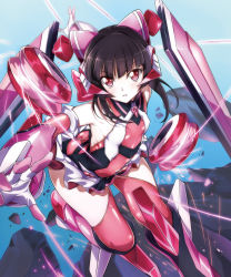 Rule 34 | 10s, 1girl, ass, bare shoulders, black hair, blush, bodysuit, breasts, butt crack, commentary request, elbow gloves, gloves, hair ornament, headgear, highres, long hair, niko (tama), open mouth, parted lips, pink eyes, senki zesshou symphogear, skin tight, small breasts, solo, thighhighs, tsukuyomi shirabe, twintails