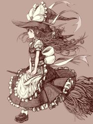 Rule 34 | 1girl, apron, bow, broom, broom riding, female focus, full body, hat, hat bow, kansou samehada, kirisame marisa, long hair, monochrome, profile, simple background, solo, touhou, wind, witch, witch hat