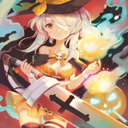 Rule 34 | 1girl, ayanami (azur lane), ayanami (witch in ambush) (azur lane), azur lane, bandaged arm, bandages, bare shoulders, breasts, commentary, cowboy shot, dress, hair over one eye, halloween, halloween costume, hat, holding, holding sword, holding weapon, jack-o&#039;-lantern, long hair, looking at viewer, medium breasts, orange dress, orange eyes, parted lips, pumpkin, sibyl, solo, sword, thighhighs, weapon, white hair, witch hat, wrist cuffs