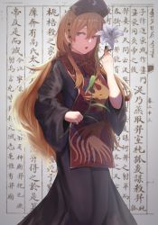 Rule 34 | 1girl, black dress, black headwear, breasts, chinese clothes, chinese text, dress, flower, hair between eyes, highres, holding, holding flower, junko (touhou), kougekiryoku, large breasts, lily (flower), long hair, long sleeves, looking to the side, open mouth, orange hair, phoenix crown, red eyes, sideboob, solo, tabard, touhou, white flower, wide sleeves