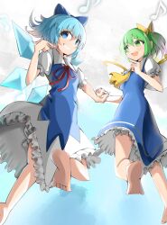 Rule 34 | 2girls, absurdres, ascot, barefoot, bloomers, blue background, blue bow, blue dress, blue eyes, blue hair, bow, bright pupils, cirno, commentary, daiyousei, detached wings, dress, fairy wings, green eyes, green hair, hair bow, highres, holding hands, ice, ice wings, looking at another, looking at viewer, multiple girls, musical note, open mouth, short hair, short sleeves, side ponytail, spam (spamham4506), symbol-only commentary, touhou, underwear, white pupils, wings, yellow ascot, yellow bow