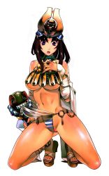 Rule 34 | 1girl, :o, = =, abs, ancient princess menace, armor, bare shoulders, black hair, breasts, brown hair, clothes theft, cosplay, crown, detached sleeves, egyptian, eiwa, f.s., feet, fingernails, gem, grin, groin, halterneck, highres, hime cut, holding, jewelry, kneeling, large breasts, long fingernails, long hair, long sleeves, looking at viewer, menace, menace (cosplay), menace (queen&#039;s blade), menace (queen's blade), midriff, mouth hold, musha miko tomoe, nail polish, navel, no bra, official art, panties, parted bangs, purple eyes, purple nails, queen&#039;s blade, revealing clothes, ring, sandals, scepter, see-through, setra, sidelocks, simple background, smile, solo, spread legs, striped clothes, striped panties, surprised, theft, thighs, third-party edit, tiptoes, toes, tomoe (queen&#039;s blade), tomoe (queen's blade), turtleneck, underboob, underwear